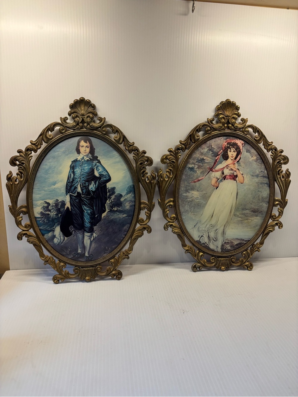 Vintage Ornate Brass Framed Vintage Style Portrait Wall Art. Pinkie and Blue Boy